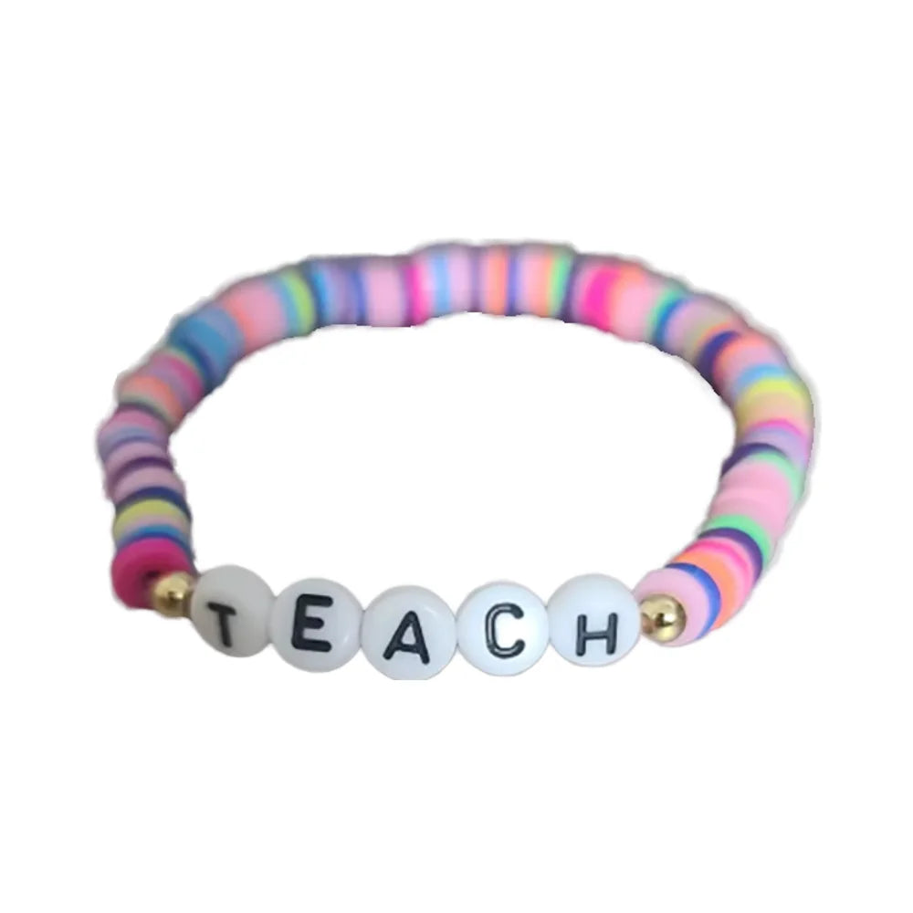 BP1044 Colorful Rainbow Polymer Clay Disc Heishi Beaded Words Initial Letters Words Teach Inspirational Stacking Bracelet