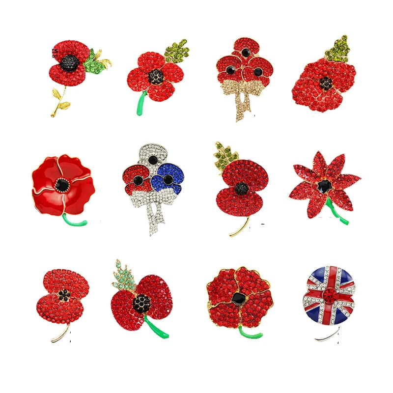 Wholesale British Remembrance Day Crystal Rhinestone Red Flower Rose Brooches Pin