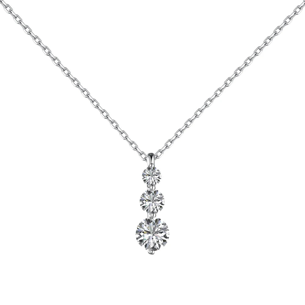 Dylam Classic 925 Sterling Silver Rhodium Plated 3 Stone 5A Cubic Zirconia Bar Shape Pendant Necklaces