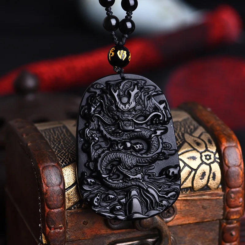 Tarnish Free Waterproof Wolf Head Ruyi Elephant Buddha Beads Stone Black Gossip Pendant Obsidian Necklace Dragon Jewelry for Men