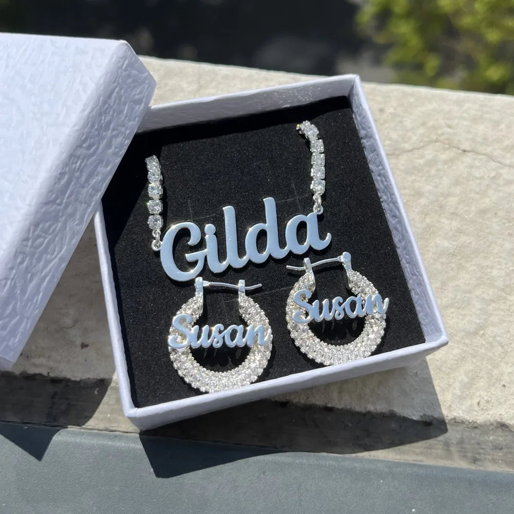 QIUHAN ODM Nameplate Necklace Ice Out 22mm Hoops Jewelry Custom Bling Earring Set