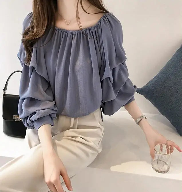 Women Girls Chiffon Sweet Stacked Puff Sleeve Shirts Solid Color Elastic Off Shoulder Tops Fashionable Tops Casual Shirt