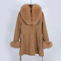 Women Winter Fox Fur Collared Luxury Cashmere Wool Coat With Fur Cuffs