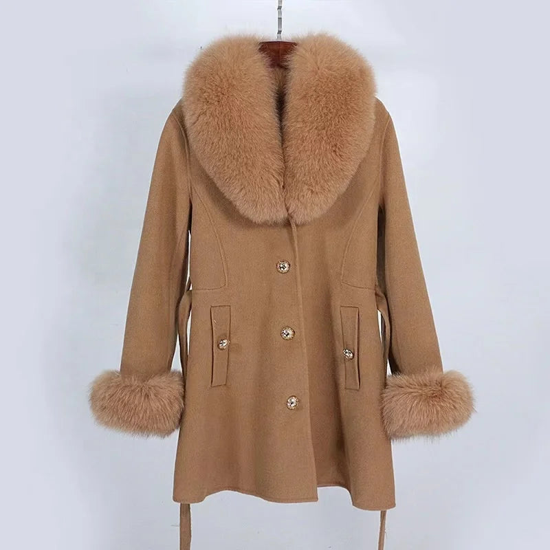 Women Winter Fox Fur Collared Luxury Cashmere Wool Coat With Fur Cuffs