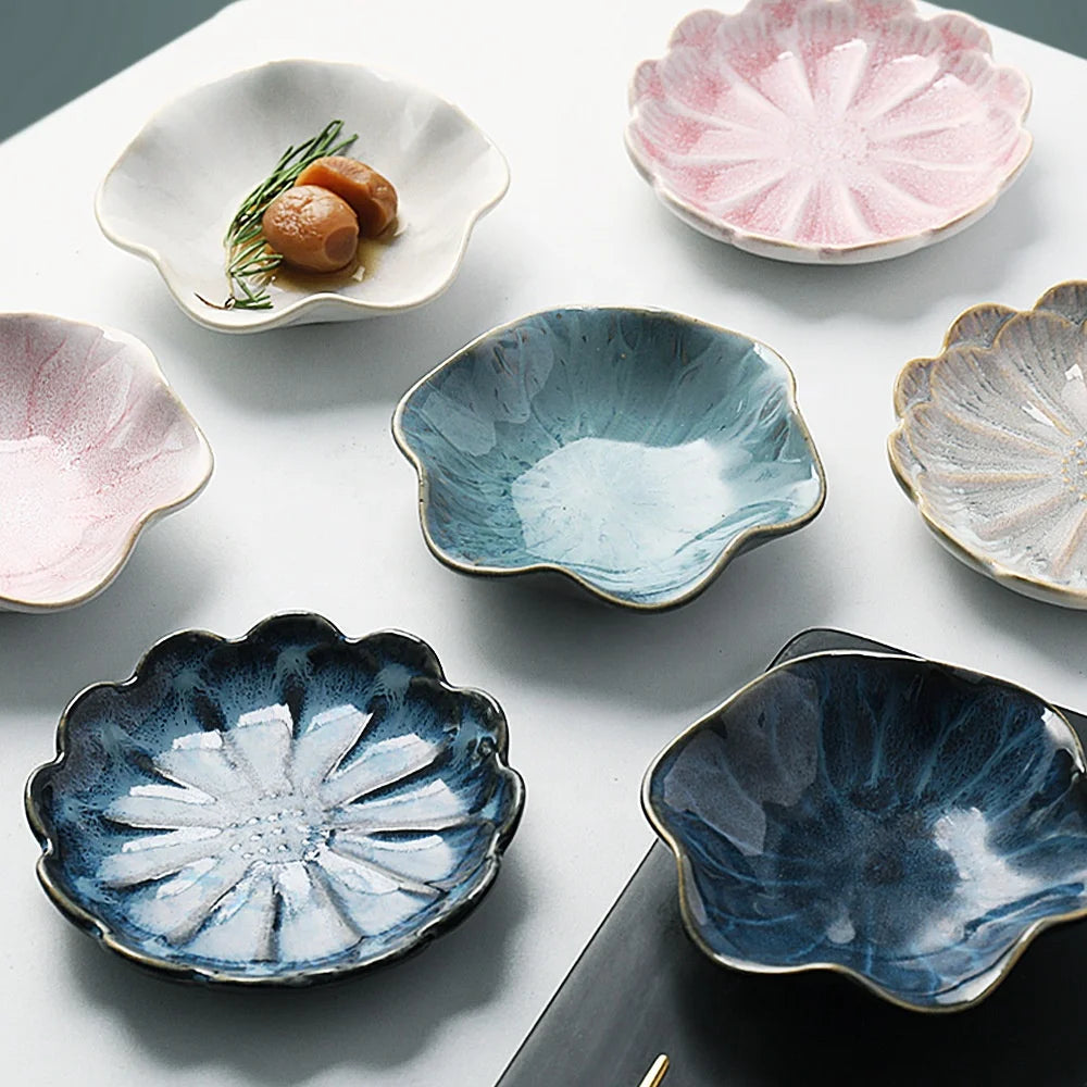 Japanese Style Nordic Kiln Change Color Glazed 4"  Irregular Small Ceramic Soy Vinegar Oil Salt Dishes Plate