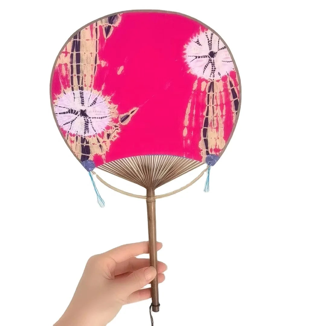 FAREA Chinese Style Embroidery Round Hand Fan Blue Cloth Embroidery Tie-dye Blank Fabric Fan Wax Printing Classical Fan