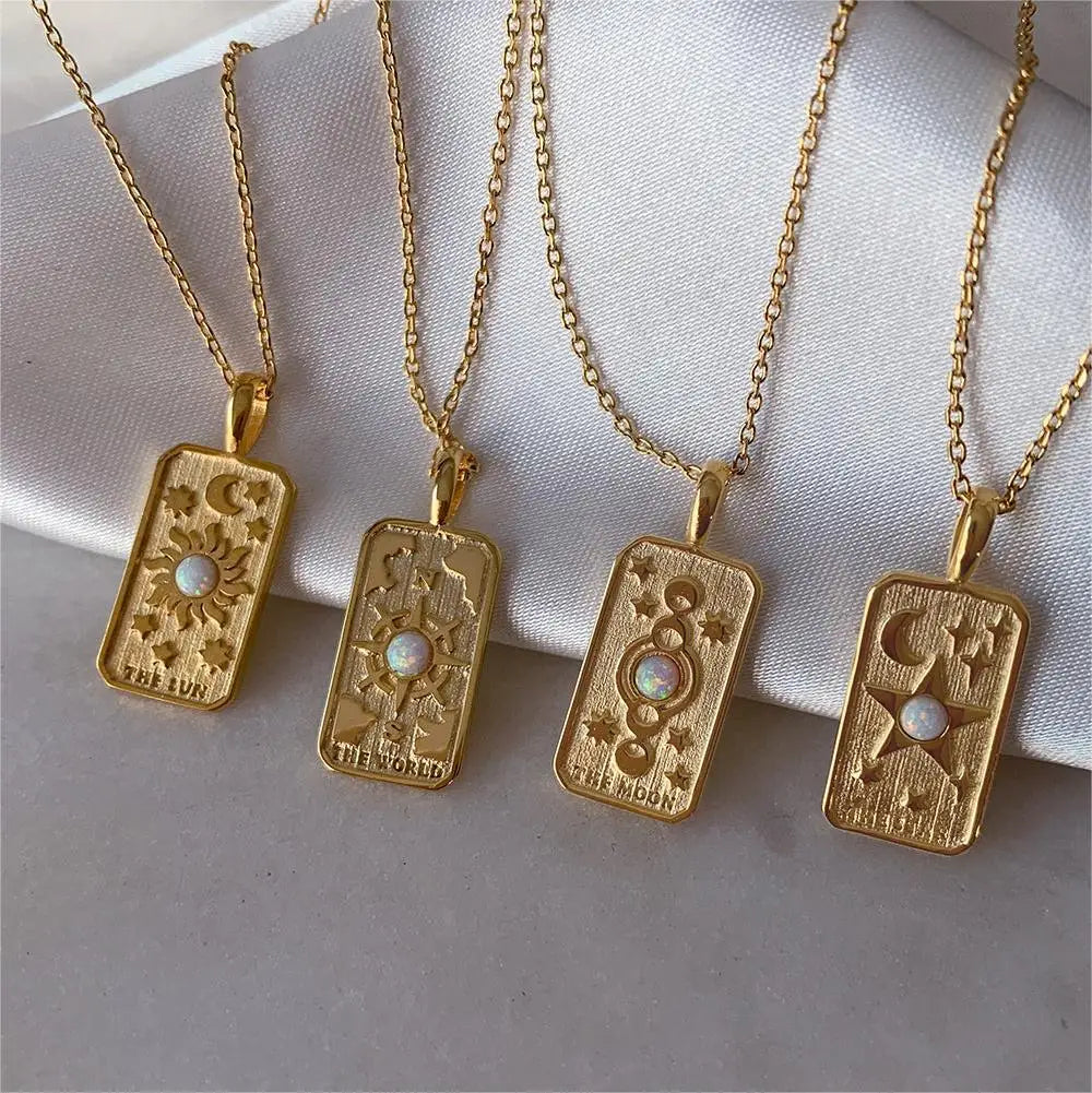 Fashion Trendy Stainless Steel Princess Cut Star Sun Moon Three-dimensional Embossed Opal Pendant Necklace for Wedding & Party
