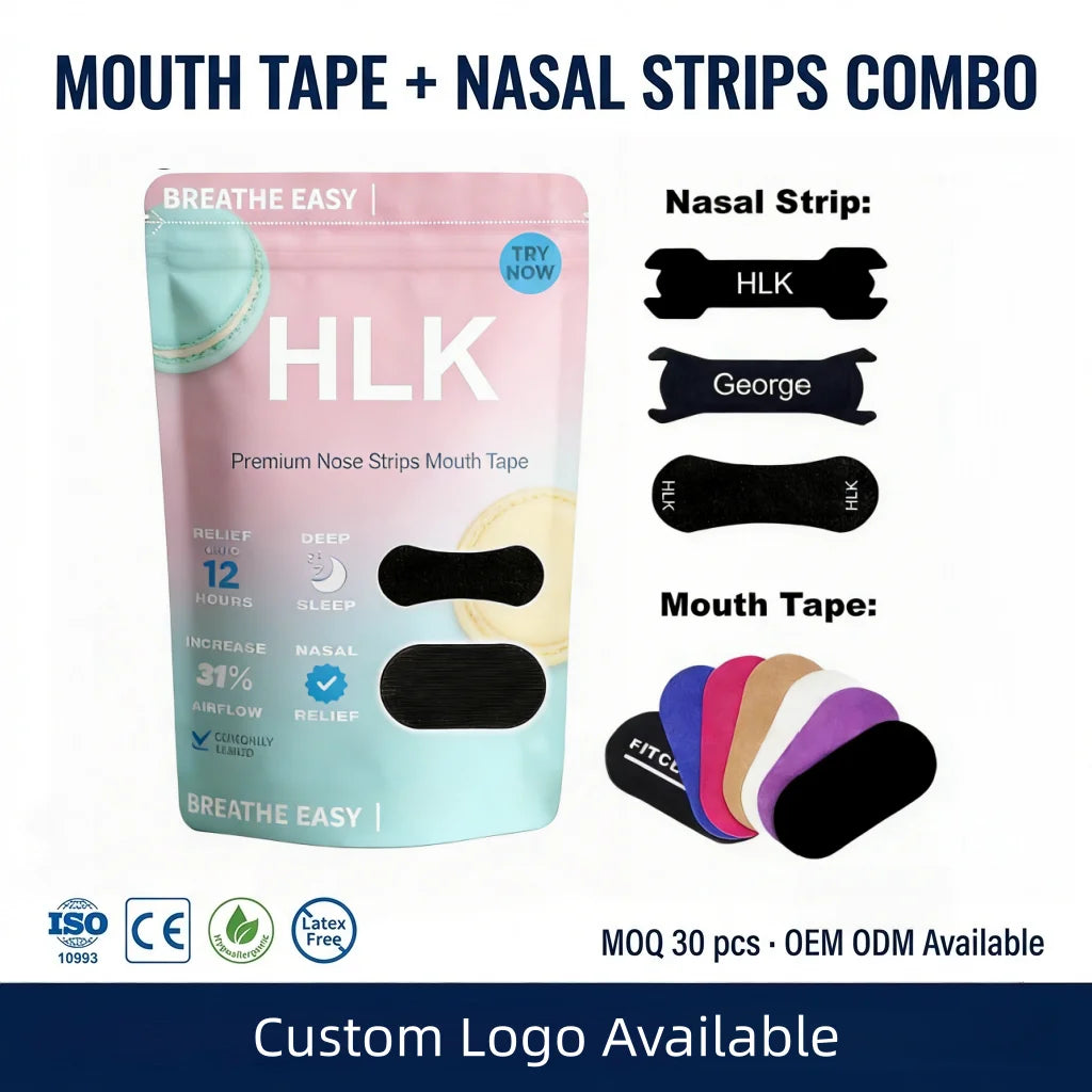HLK 30 Strips Customize Package Comfortable Cotton Sleep Better Nose Breathing Anti Snore Black Mouth Tape Nasal Strips