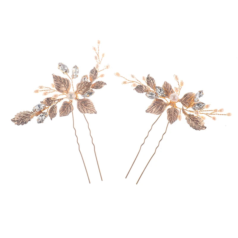 Fashion Crystal Pearl Bridal Headdress Accessories Handmade Gold Leaf Hair Pins for Women