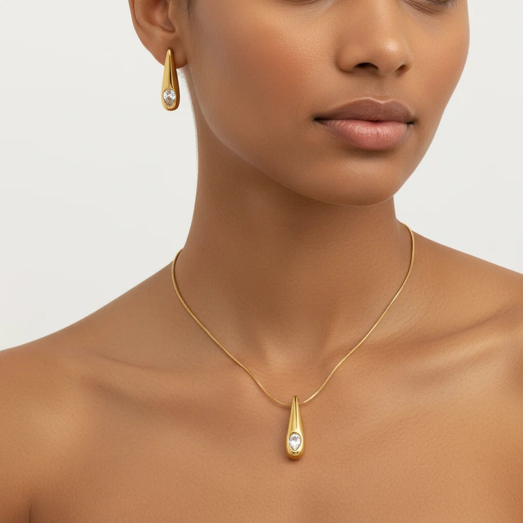 CLIORO Waterproof Stainless Steel Necklace Earrings Jewelry Set Gold Plated Water Drop Zircon Pendant Shiny Jewelry for Women