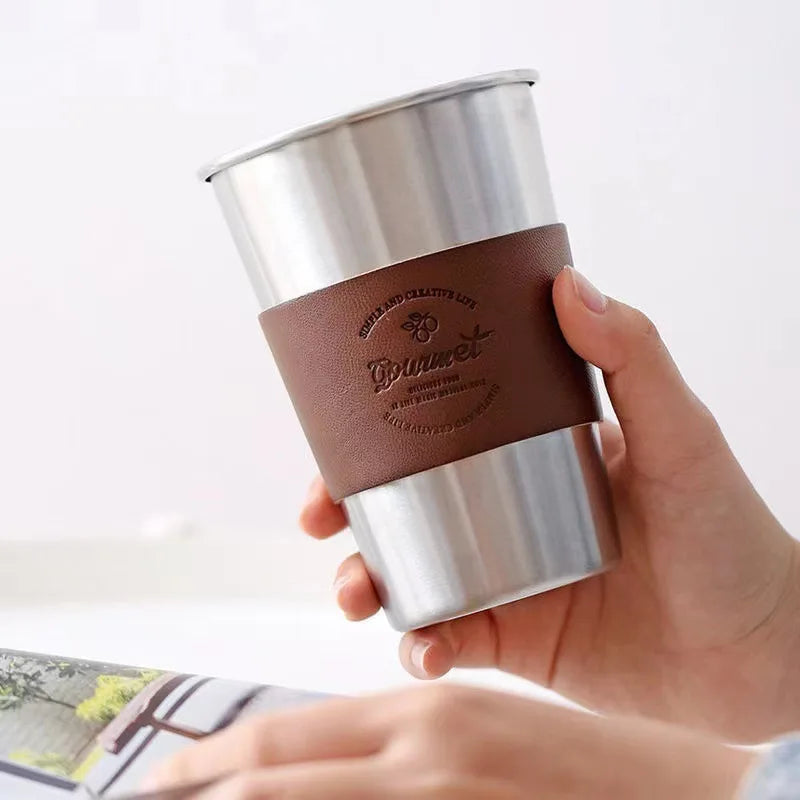 Food Grade Outdoor Camping Water Cup Stainless Steel Portable Heat-Resistant Coffee Beer Cup with PU Leather Sleeve Lid Straw