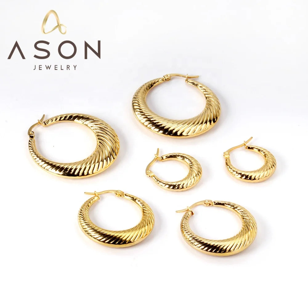 Ason Fashion 18K Gold Plated High Quality Stainless Steel Hoop Earrings Allergy Prevention Round Twist Hoop Earrings