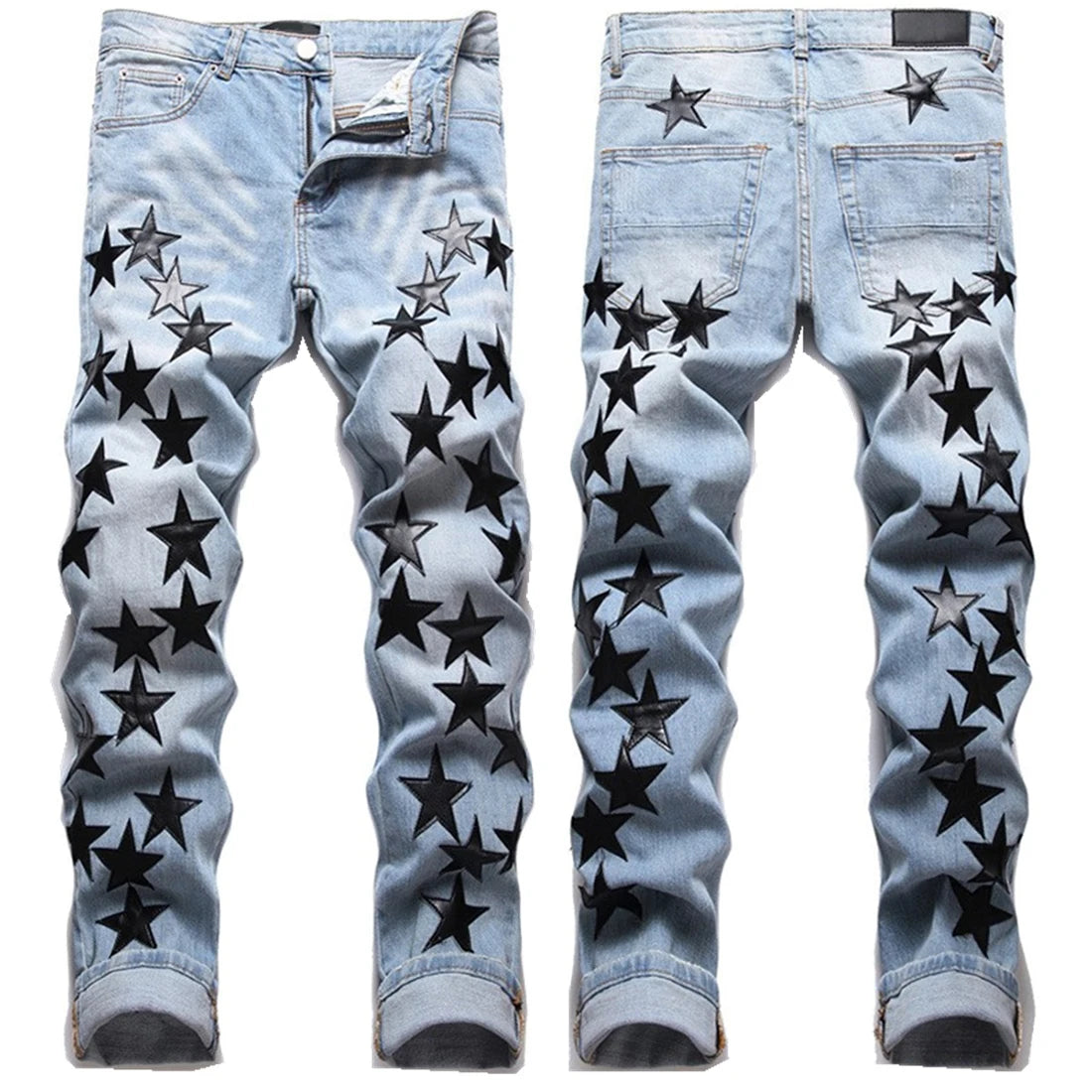 Custom OEM LOGO AeeDenim Five-pointed Star Jeans Men's Black Star Leather Patch Holes Elastic Slim Long Denim Jeans