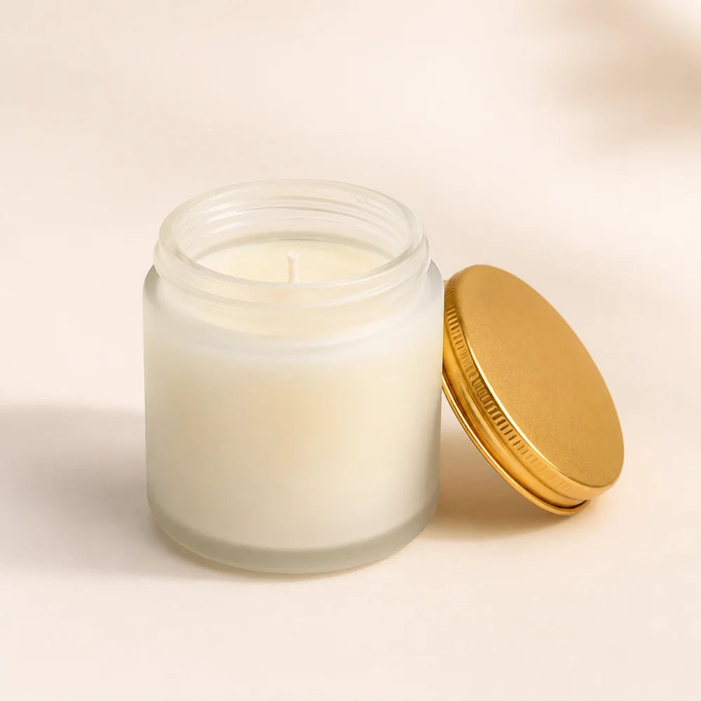 Frosted Glass Jar Scented Candle with Gold Lid 5 Fragrance Options MegaBDM