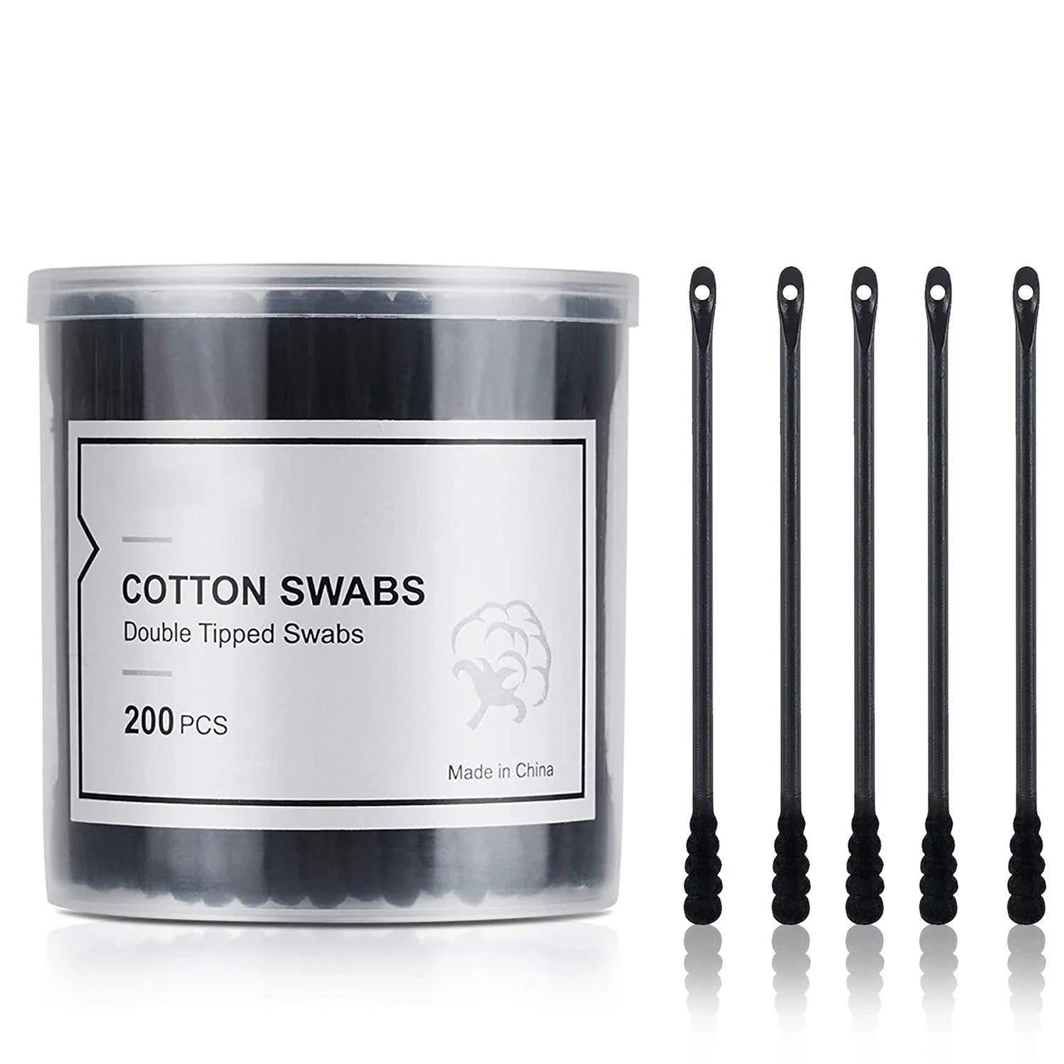 200 Count Black 100% Pure Natural Organic Ctoon Lint Free Sticks Round & Spiral Cotton Swab for Daily Cosmetic Cleaning