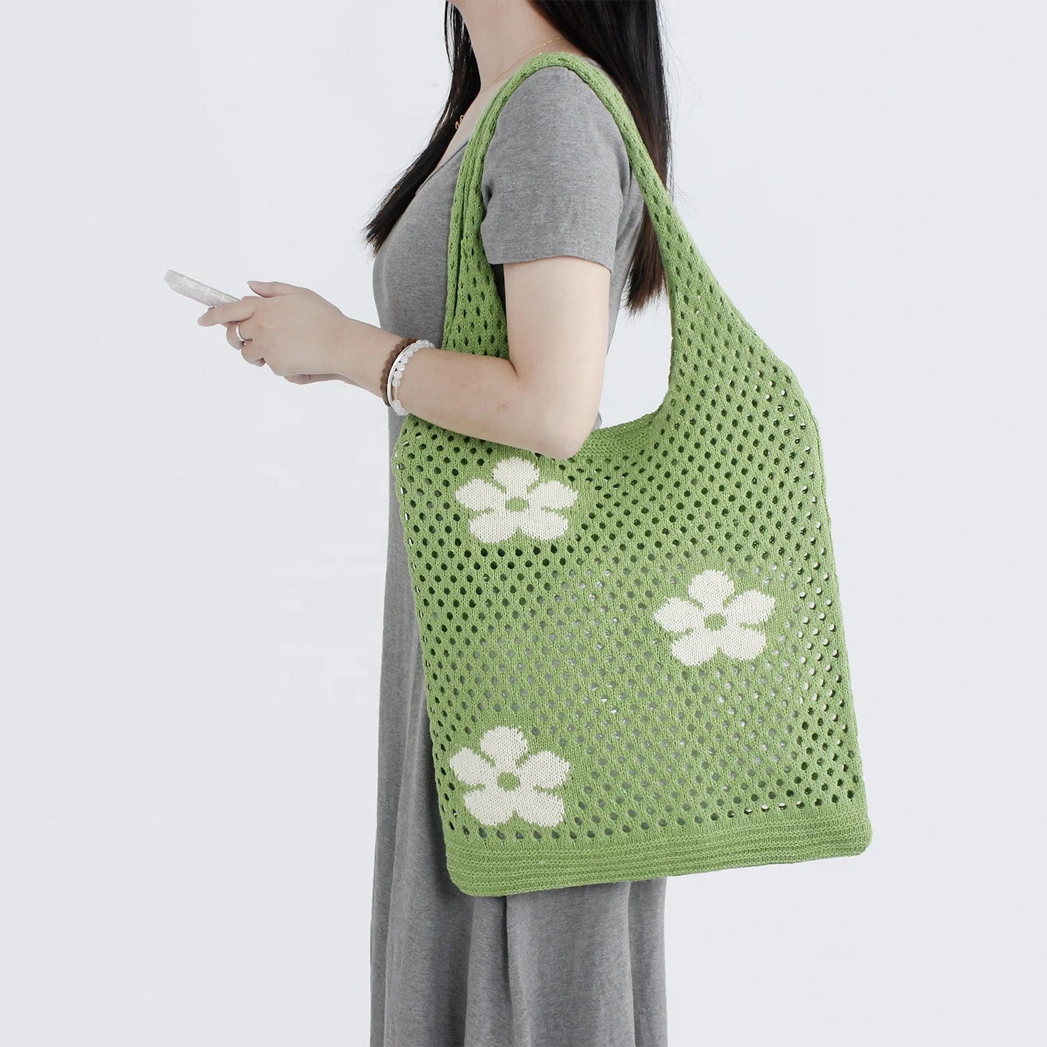 Hot Sale Chic Women's Knitted Crochet Beach Tote Bags Three Flowers Hollowed Design Winter Autumn Portable Factory Wholesale