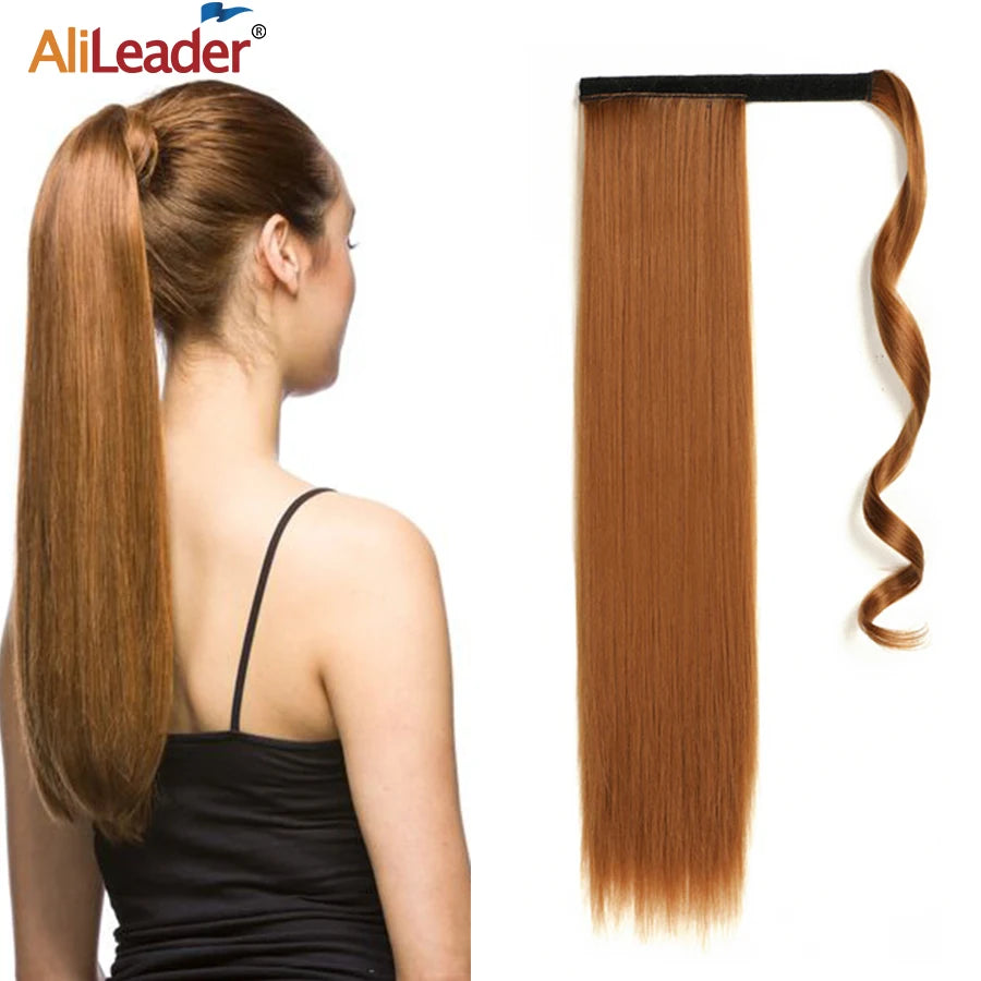 AliLeader 22 Inch Wholesale Long Silk Straight Body Wave Postiche Queue De Cheval Synthetic Pony Tail Wrap Around Ponytail