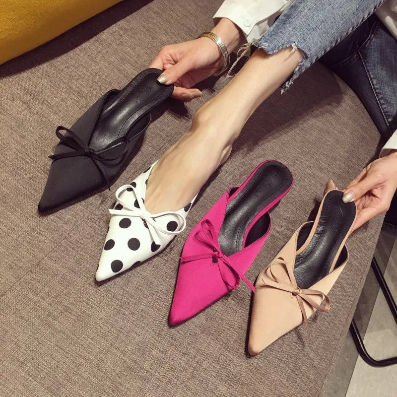 Korean Version Pointed Low Heel Polka Dot Sandals Fashion Bow Casual Walking Shoes for Women