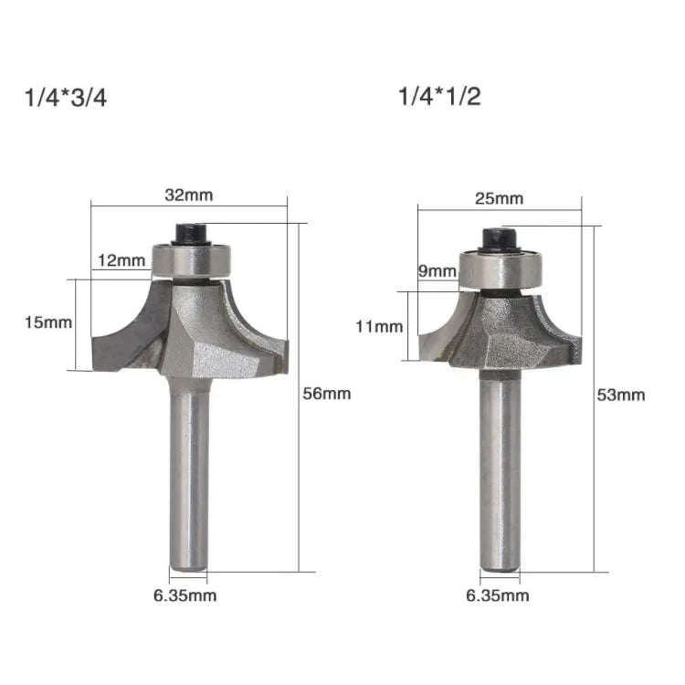 4 Pc 1/4'' Shank Round Over Router Bits Woodworking Milling Cutter Head Alloy Cutter Head