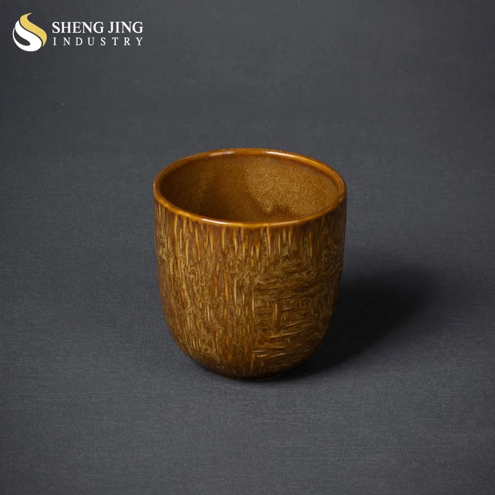Vintage Wood Grain Design Gold Color Glaze Ceramic Cups Wholesale Porcelain Tableware Round Tea Cup Mugs for Restaurant Hotel