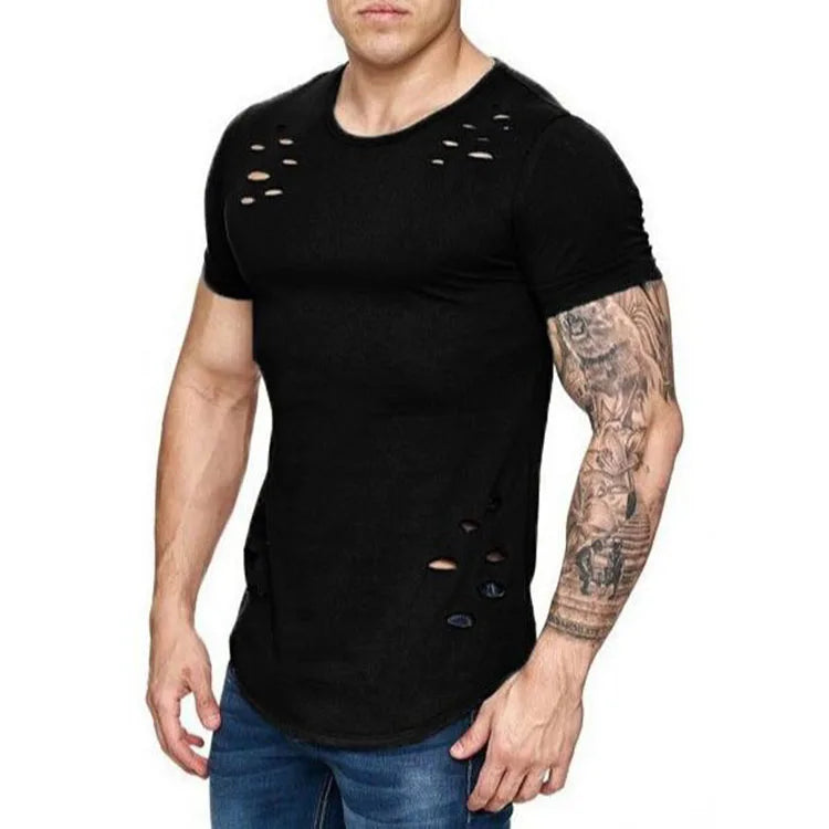 Hole Ripped T Shirts Men Short Sleeve T-shirt Fitness Summer Clothes Men's Funny Solid Tshirt Streetwear Slim Tops Tees
