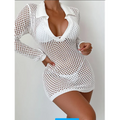 Women Short Style Knitted Long Sleeved Tight POLO Neck Deep v Sexy Blouse Skirt Beach Cover up