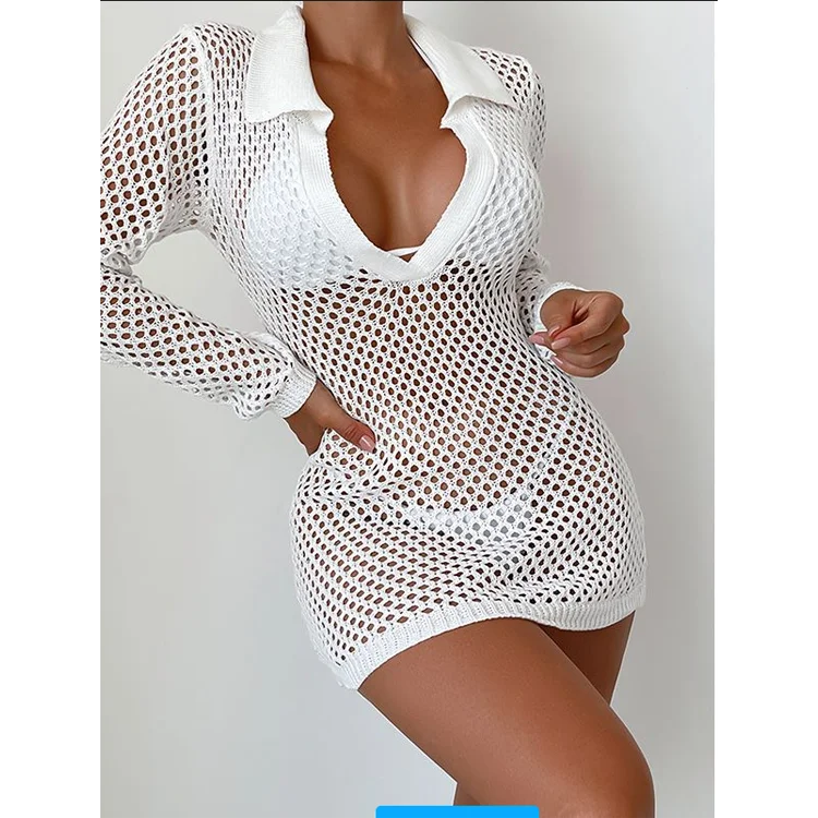 Women Short Style Knitted Long Sleeved Tight POLO Neck Deep v Sexy Blouse Skirt Beach Cover up