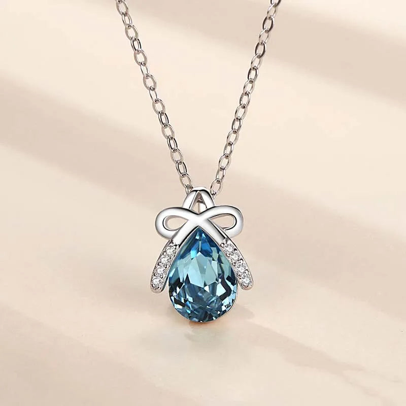 Unique Stone Butterfly Chokers Necklace 925 Solid Sterling Silver Zirconia Teardrop Blue Crystal Pendant Trendy Chain