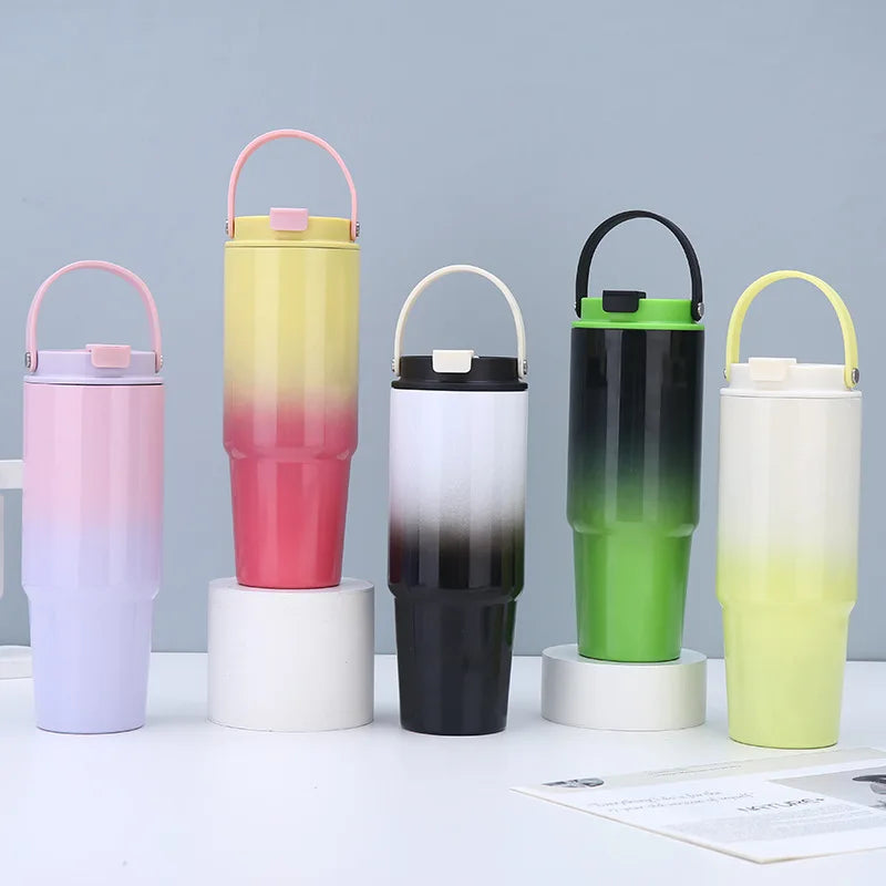 Custom 30oz Double Wall 304 Stainless Steel Insulated Mug Tumbler Gradient Color Water Bottle with Portable Handle