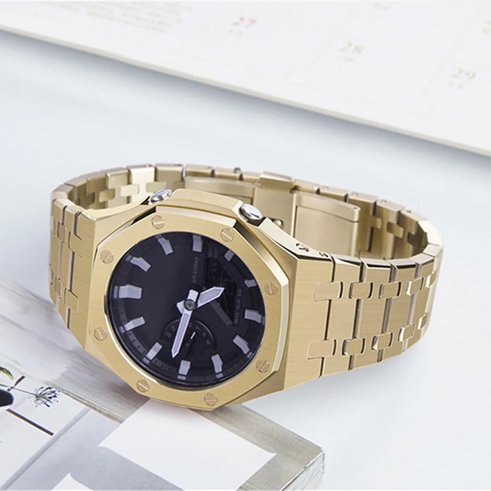 316L Stainless Steel Silver Buckle Clasp Strap Cover Luxury Gshock Ga2100 Mod All Metal Watch Band case