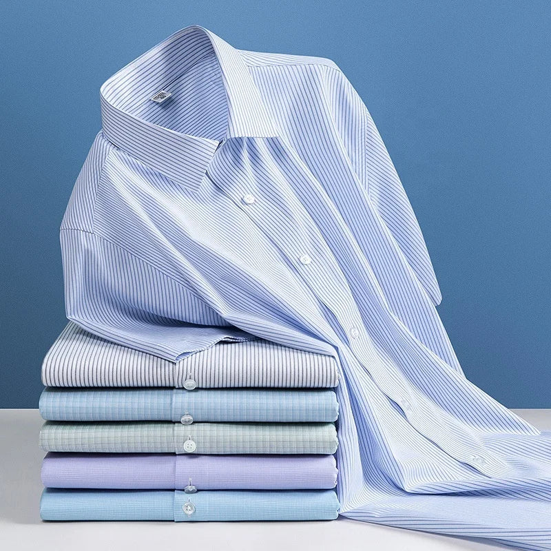Summernew Arrival Thin Draped No-Iron Anti-Wrinkle Men's Business Plaid Formal Season Classy Silk Shirt Short-Sleeved