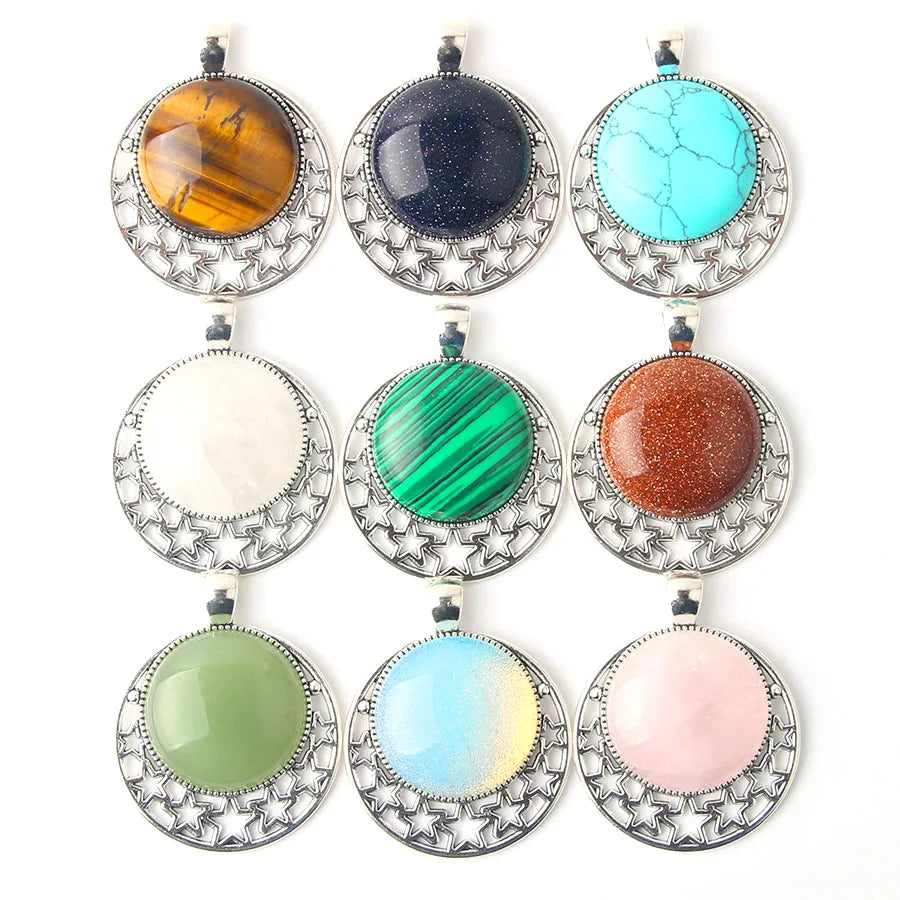 Natural Stone Moon Star Round Crystal Pendant Necklace DIY Gemstone for Jewelry Making Accessories