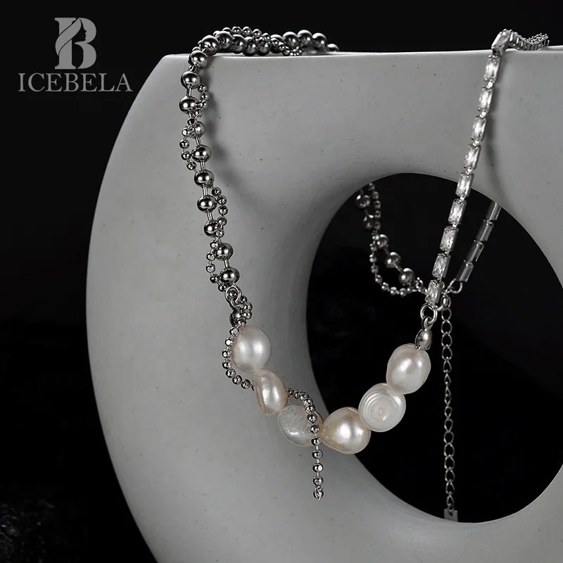ICEBELA Jewelry Pearl Necklace Fashion Hip-hop Beaded Sweater Chain Accessories 925 Sterling Silver American Simple Natural 5mm