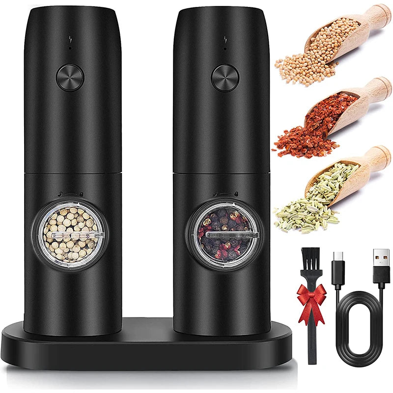 Electric Salt and Pepper Grinder Set with USB Rechargeable Base Refillable Electric Salt and Pepper Mill with LED Light 2 PACK