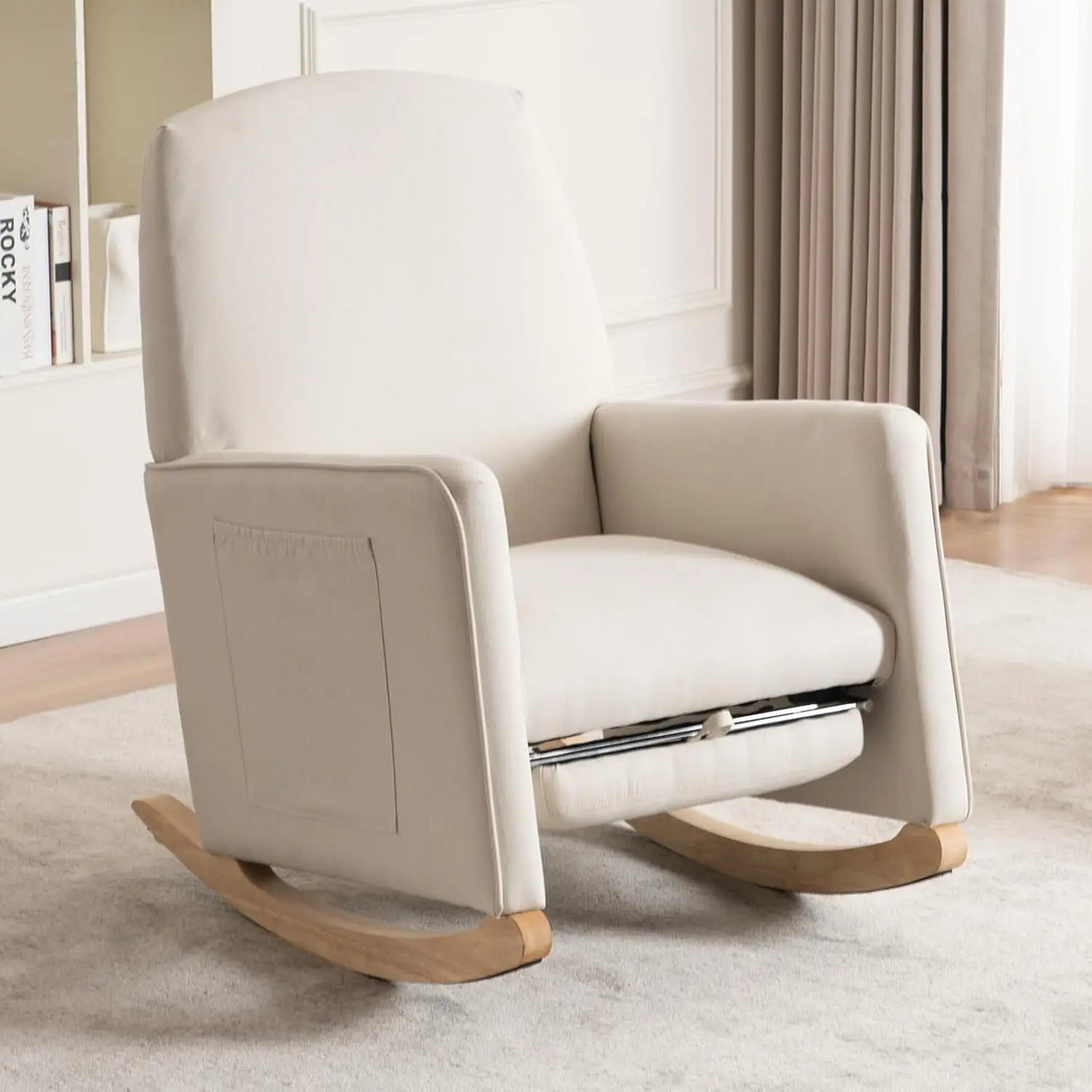 Rocking Sofa Chair with High-Back Accent Armrest Rubber Wood Legs Side Pocket and Footrest for Home Living Room Furniture