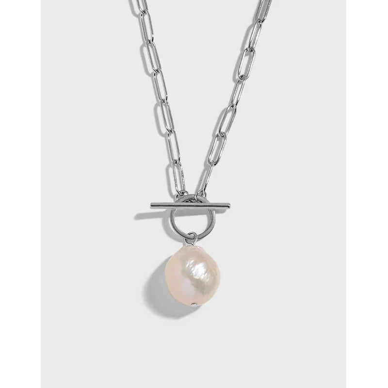 Paperclip Chain OT Clasp Sterling Silver Choker S925 Chain Pearl Charm Choker Pure Silver Link OT Toggle Baroque Pearl Choker