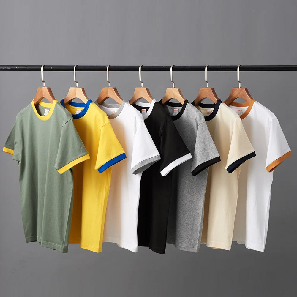 LS Men's 230g Woven Cotton T-shirt 2 Color Contrasting Short Sleeves Loose Fitting Round Neck Tee Shirt 100% Cotton Solid Blank