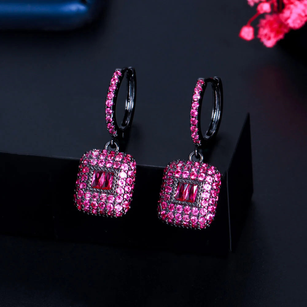 Full Black Gun Gold Plated Green Square CZ Dangling Drop Round Huggie Hoop Earrings for Women New Trendy Party Jewelry