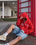 US Free Tax Red Zipper Hoodie Oversized Embroidery Acid Wash Rhinestone Printed Sweatshirt Terry Pullover Plain Distressed Style