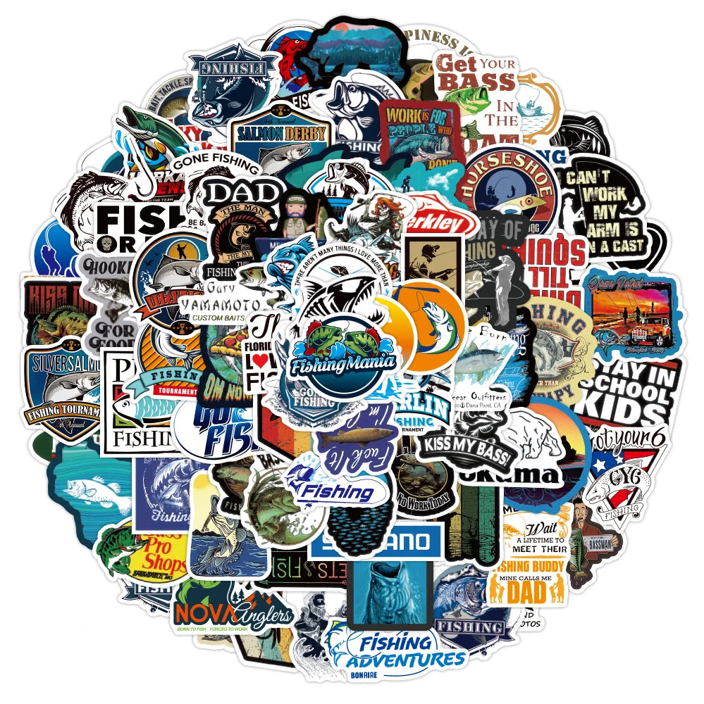 100pcs/bag Cartoon Fisherman Waterproof Stickers Custom logo Vinyl Journal Go Fishing Sticker Decorative Die Cut Laptop Sticker