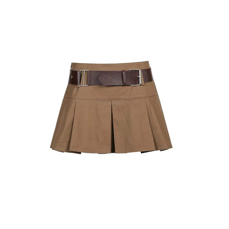 2025 Summer American Vintage Retro Plain Pleated Skirt Slim Denim Low Waist Mini Skirt Short Skirts Women With Belt