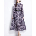 American Casual Women's Spring and Autumn New Polo Collar Printed Long Sleeve Floor-Length Sashes Plus Size Dress