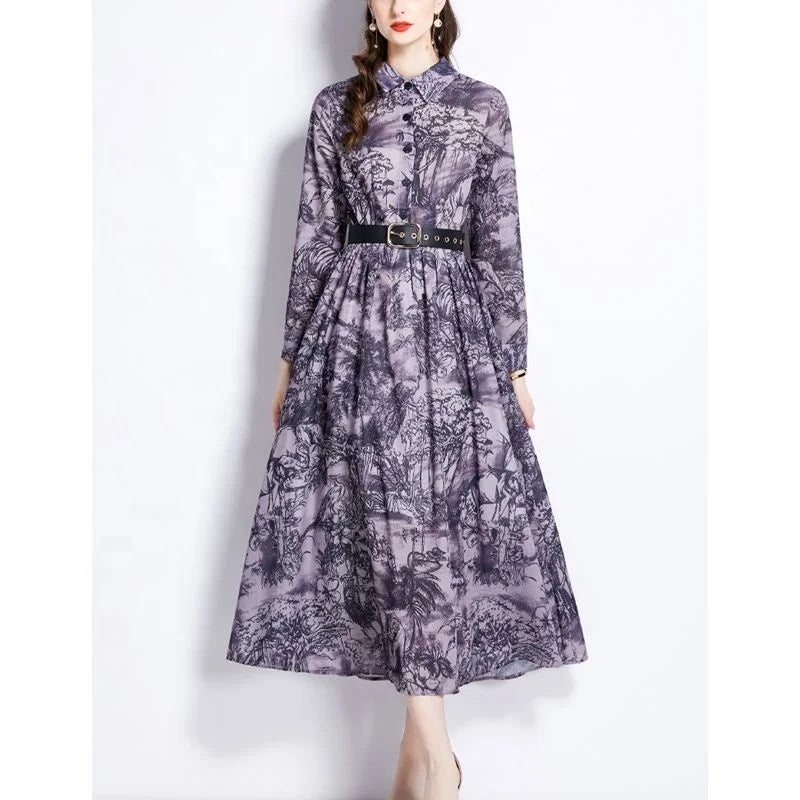 American Casual Women's Spring and Autumn New Polo Collar Printed Long Sleeve Floor-Length Sashes Plus Size Dress