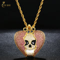 Wholesale Punk Style Gold Plated Brass 5A Zircon Iced Out Heart Skeleton Head Pendant Necklace for Men Women