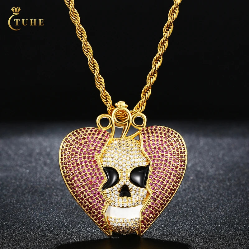 Wholesale Punk Style Gold Plated Brass 5A Zircon Iced Out Heart Skeleton Head Pendant Necklace for Men Women