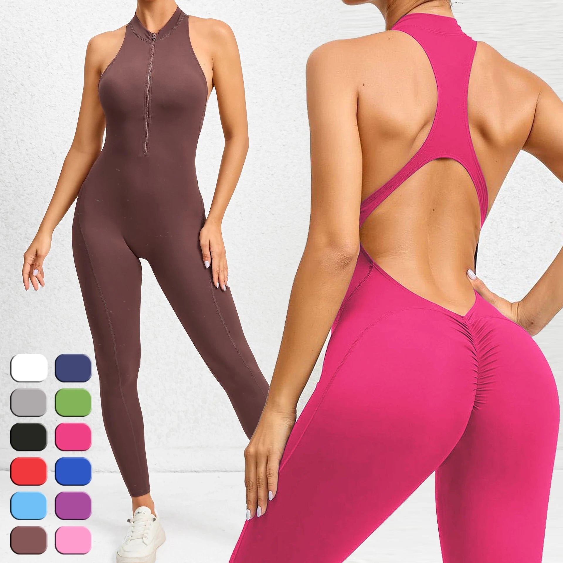 Women One Piece Jumpsuit Zip up Nylon Sleeveless Jumpsuit Sporty Athletic Slimming Fit Workout Bodysuit