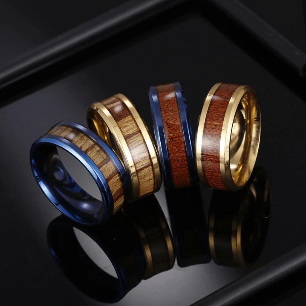 Trend Classy Stainless Steel Wood Inlay Ring Jewelry Finger Rings