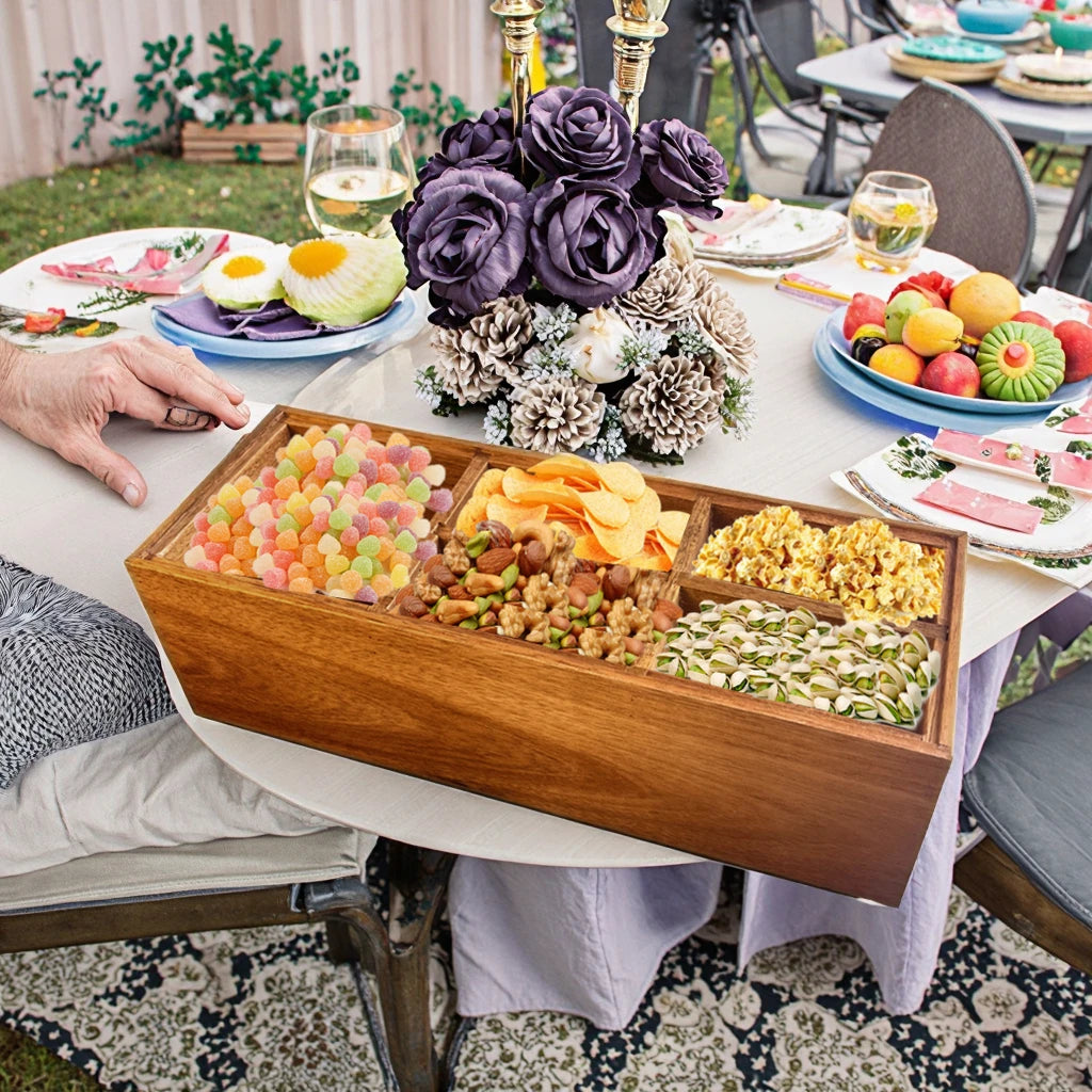 Bamboo Nut Candy Serving Tray with Acrylic Lid & Removable Dividers Disposable Plate Dish for Party Appetizers & Camping