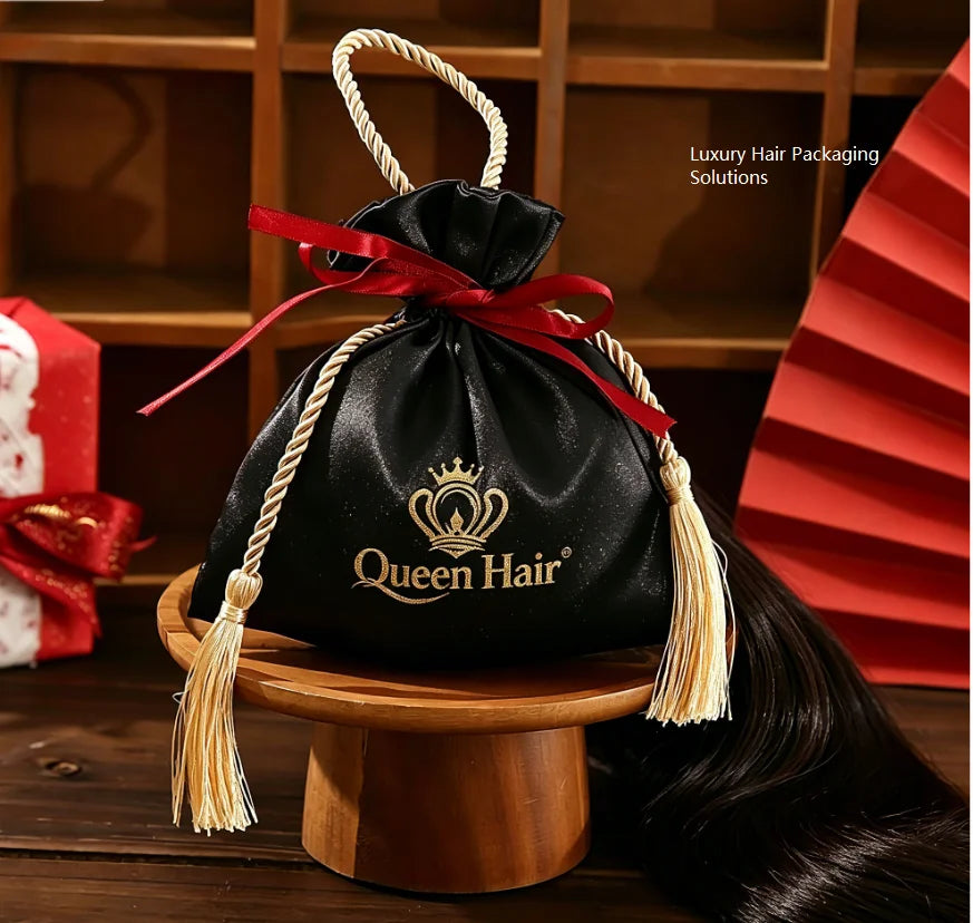 Custom Logo Luxury Satin Wig Bag Wholesale Hair Extension Packaging Large Silk Drawstring Pouch for Bundle Wig Salon Haircare