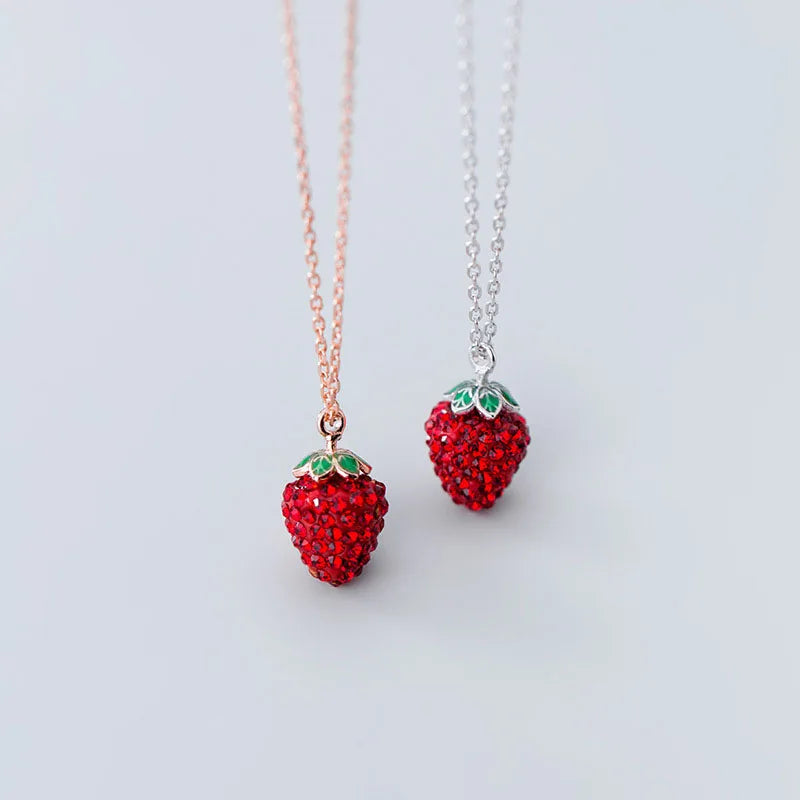 925 Sterling Silver Red Zircon Strawberry Fruit Pendant Necklaces for  Women Wholesale Jewelry